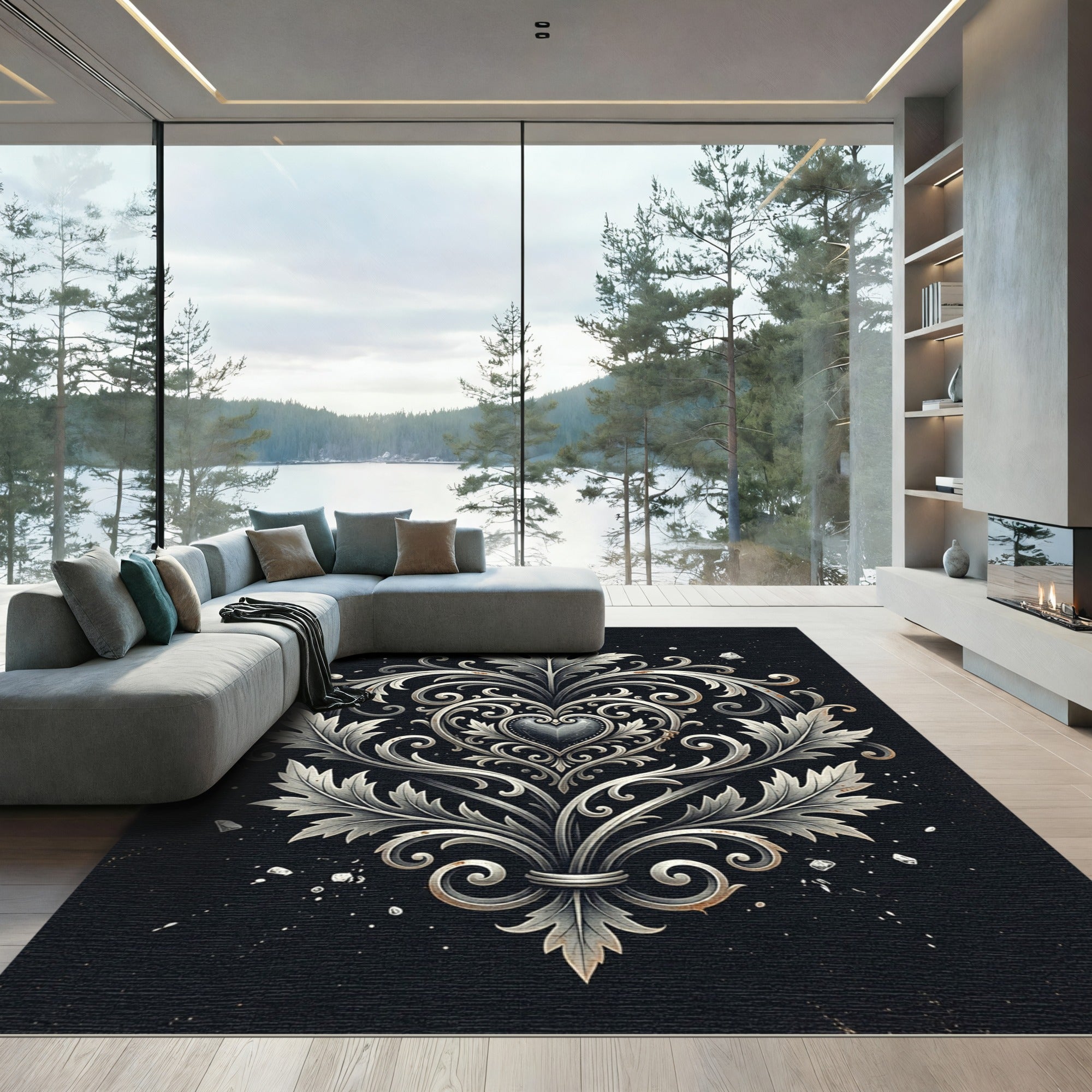 Ornate Silver Filigree Heart Damask Rug