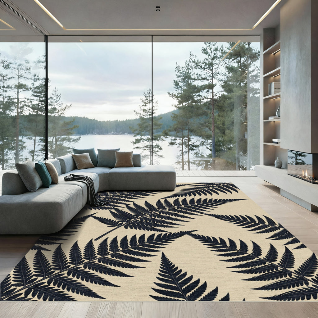 Minimalist Black Fern Botanical Art Rug