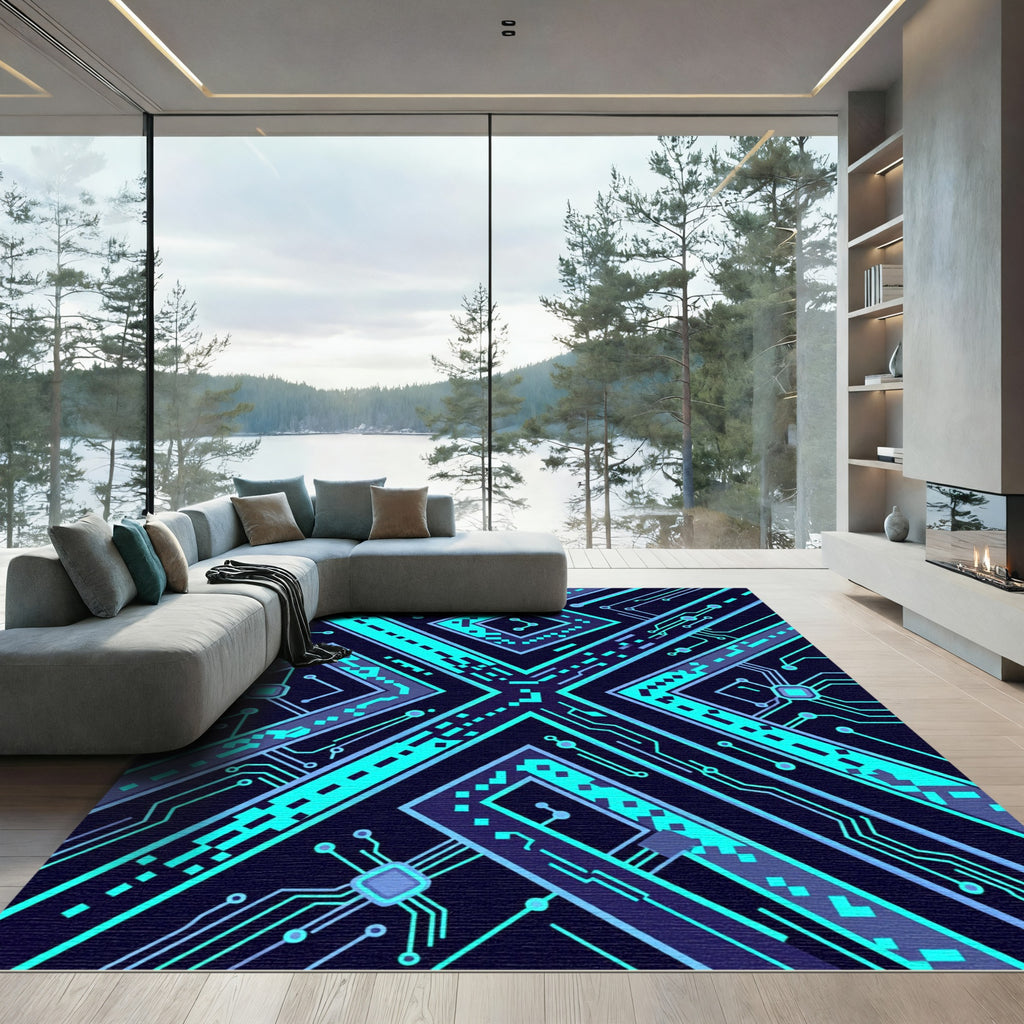 Electric Blue Neon Circuit X Geometry Rug