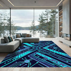 Electric Blue Neon Circuit X Geometry Rug