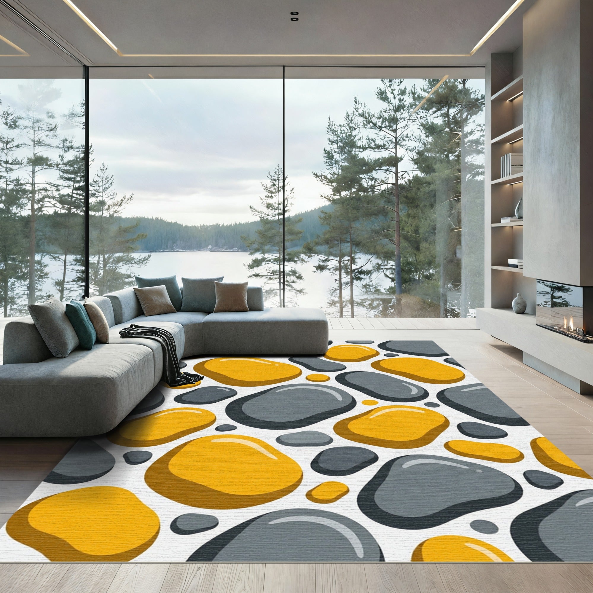 Modern Yellow Gray Pebble Arrangement Rug
