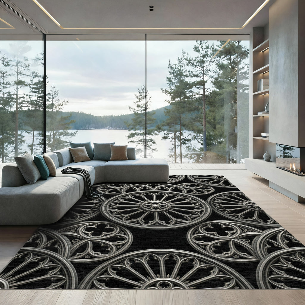 Gothic Circular Silver Cathedral Rose Rug
