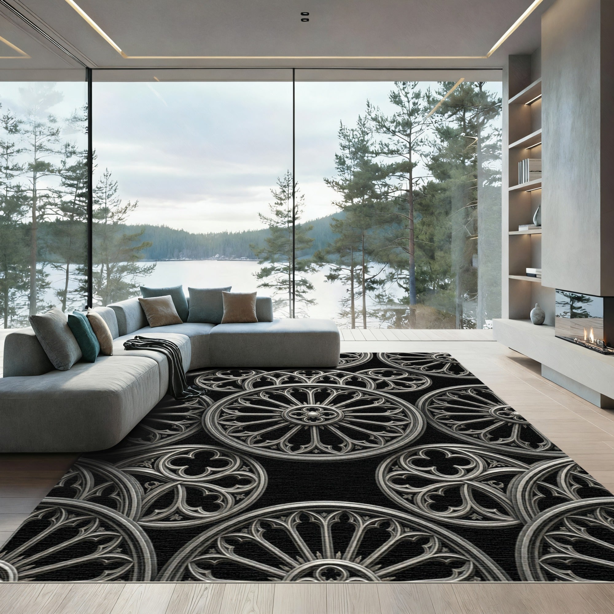 Gothic Circular Silver Cathedral Rose Rug