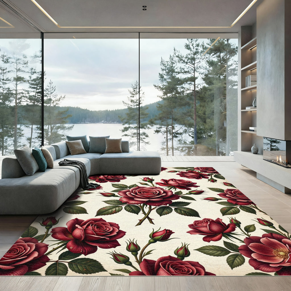 Rich Burgundy Red Rose Garland Rug