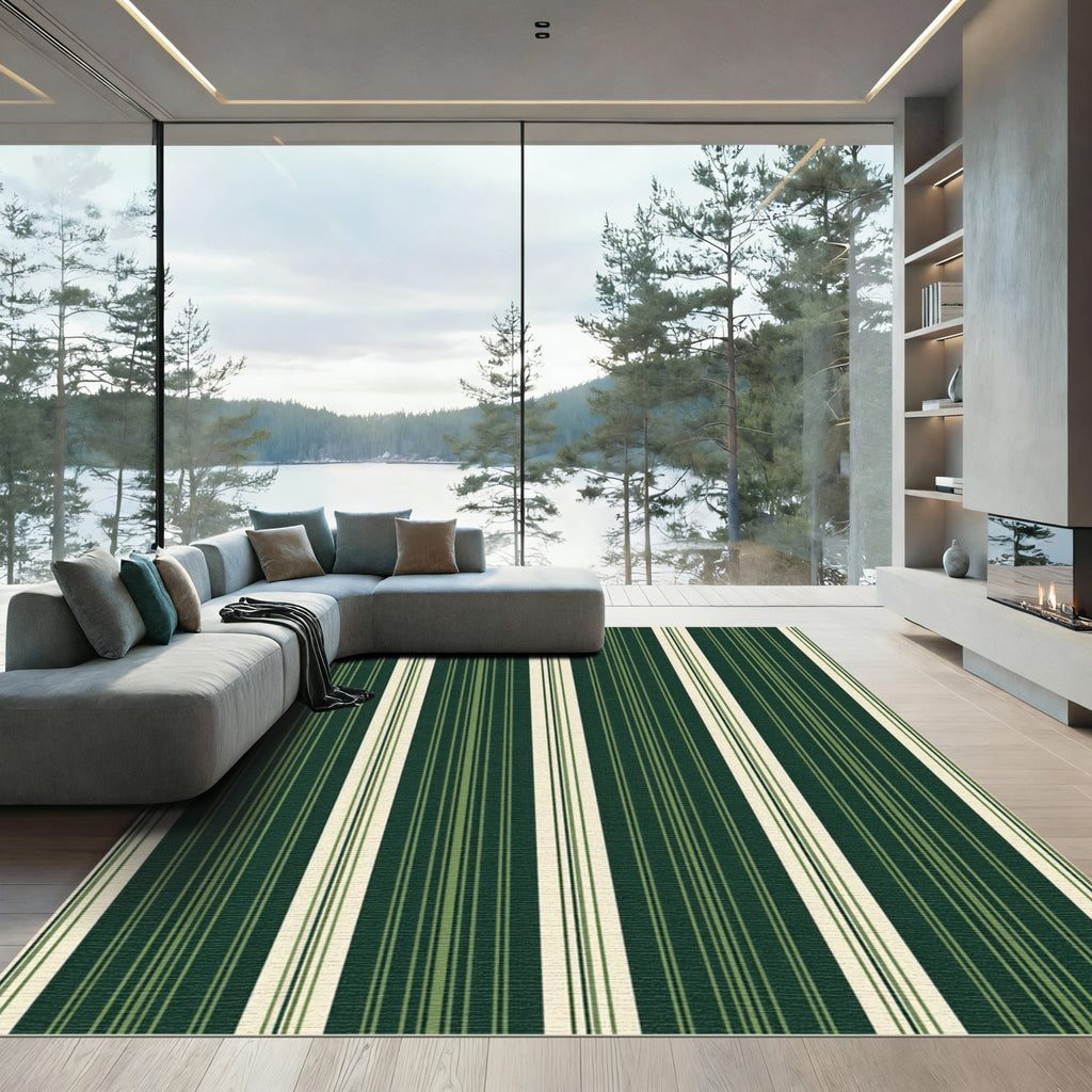 Dark Green Cream Striped Vertical Bands Rug