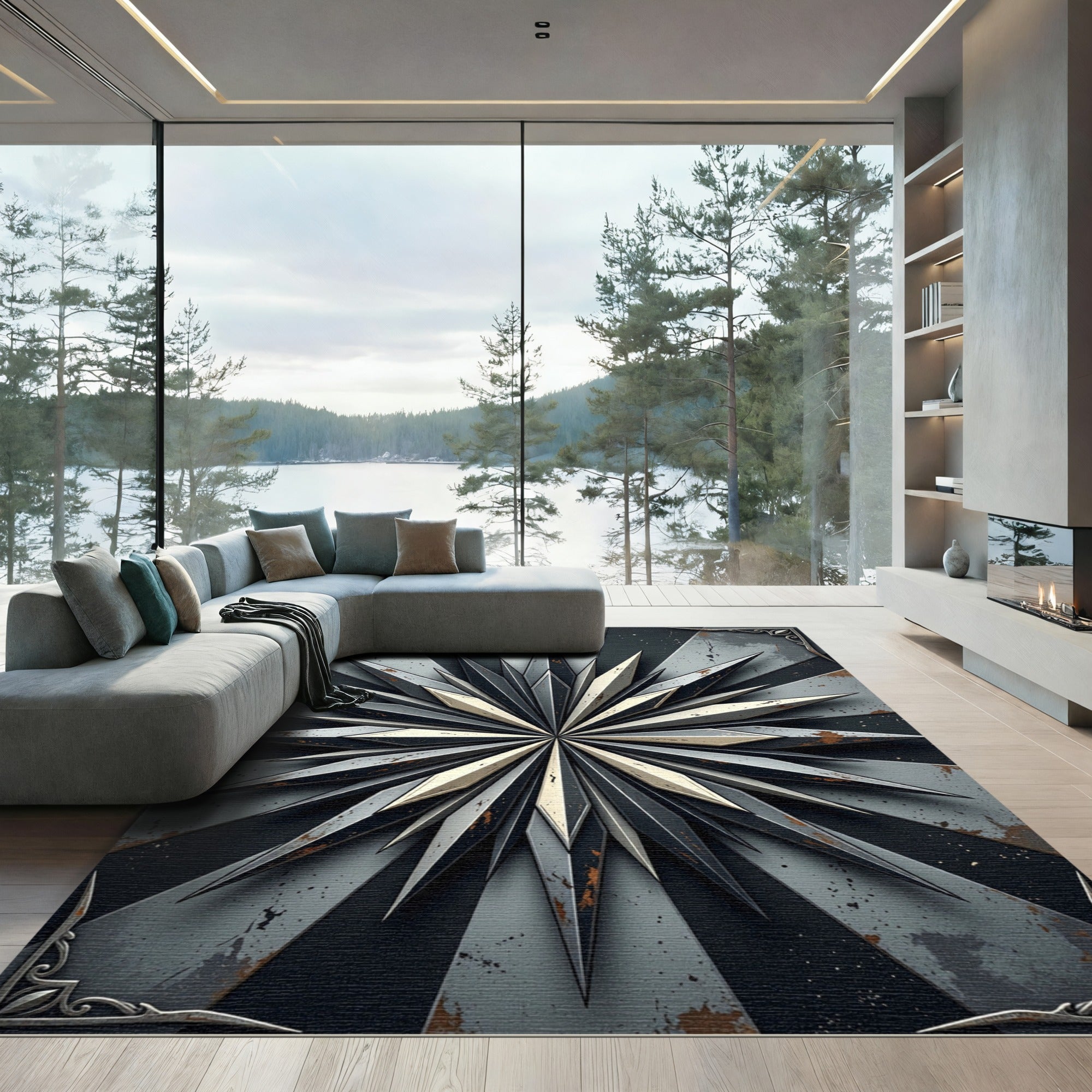 Metallic Industrial Starburst Steel Geometric Rug