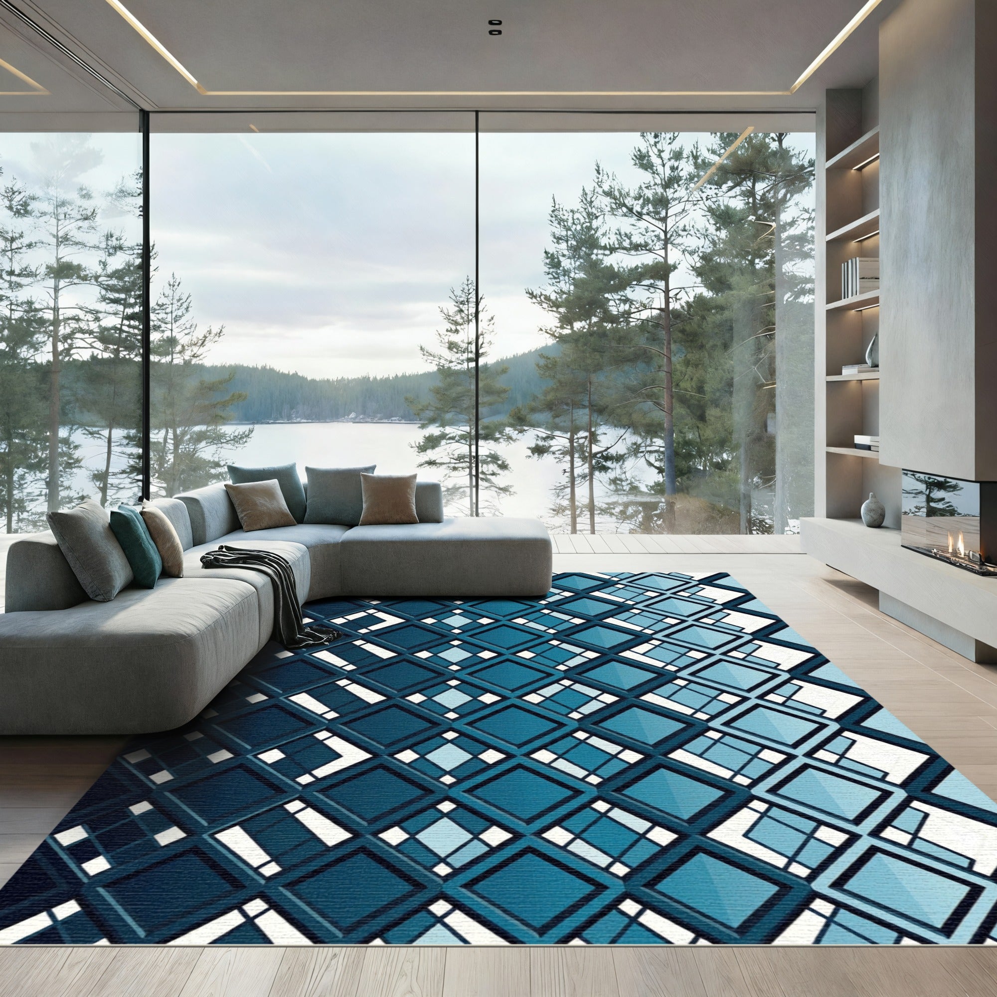 Shades of Blue Diamond Geometric Rug