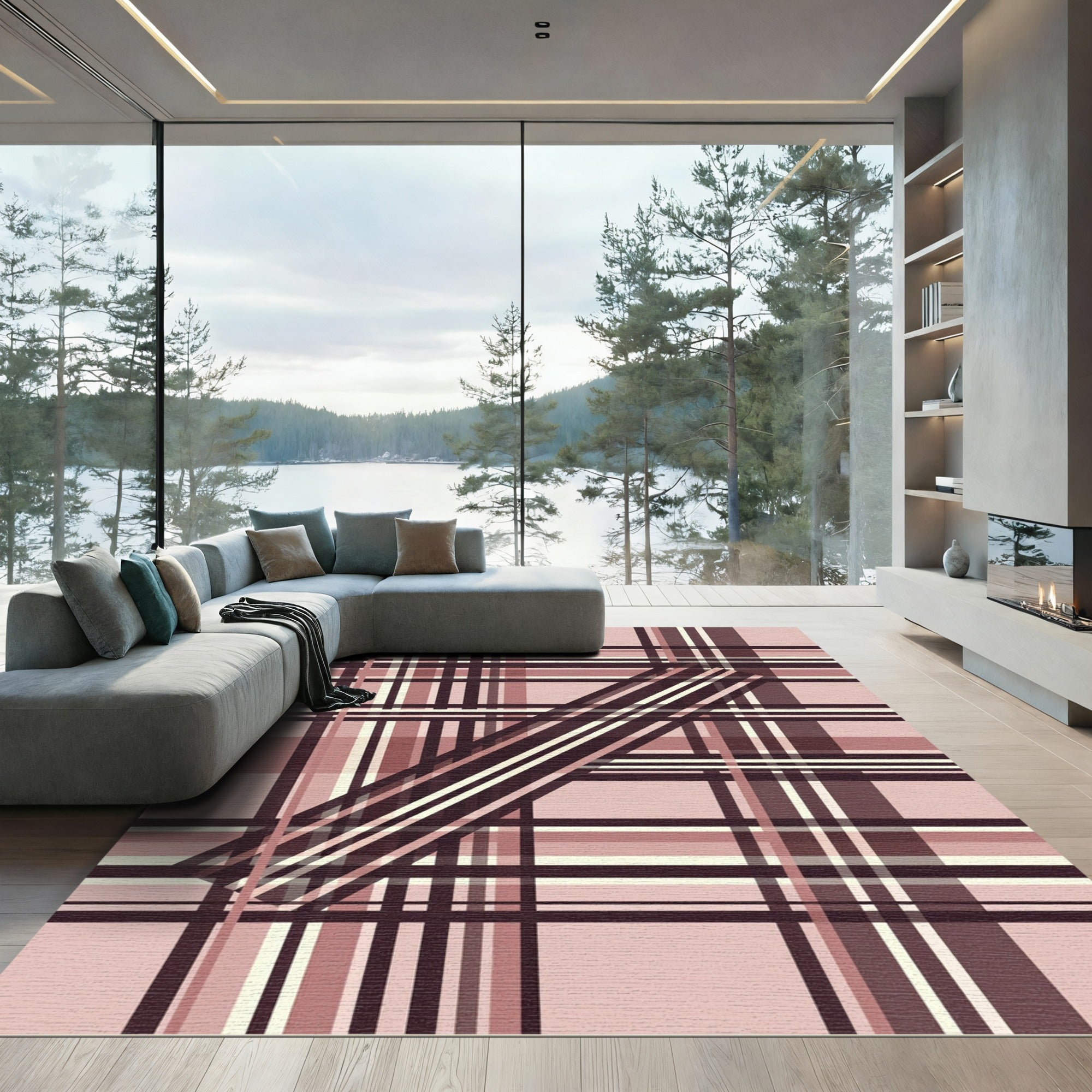 Mauve Plaid Diagonal Stripe Rug