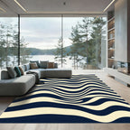Abstract Cream and Navy Wavy Lines Rug