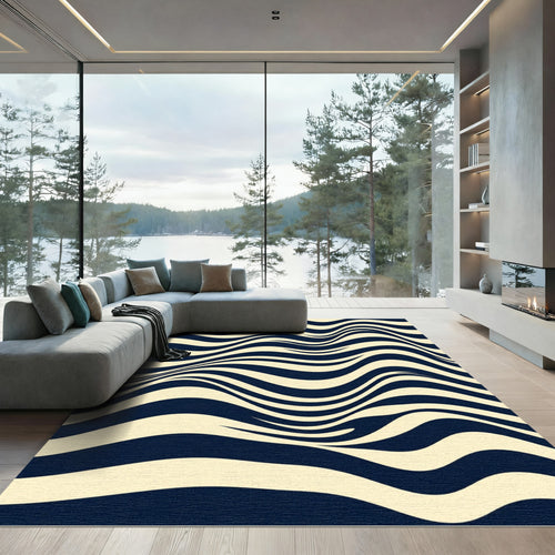 Abstract Cream and Navy Wavy Lines Rug