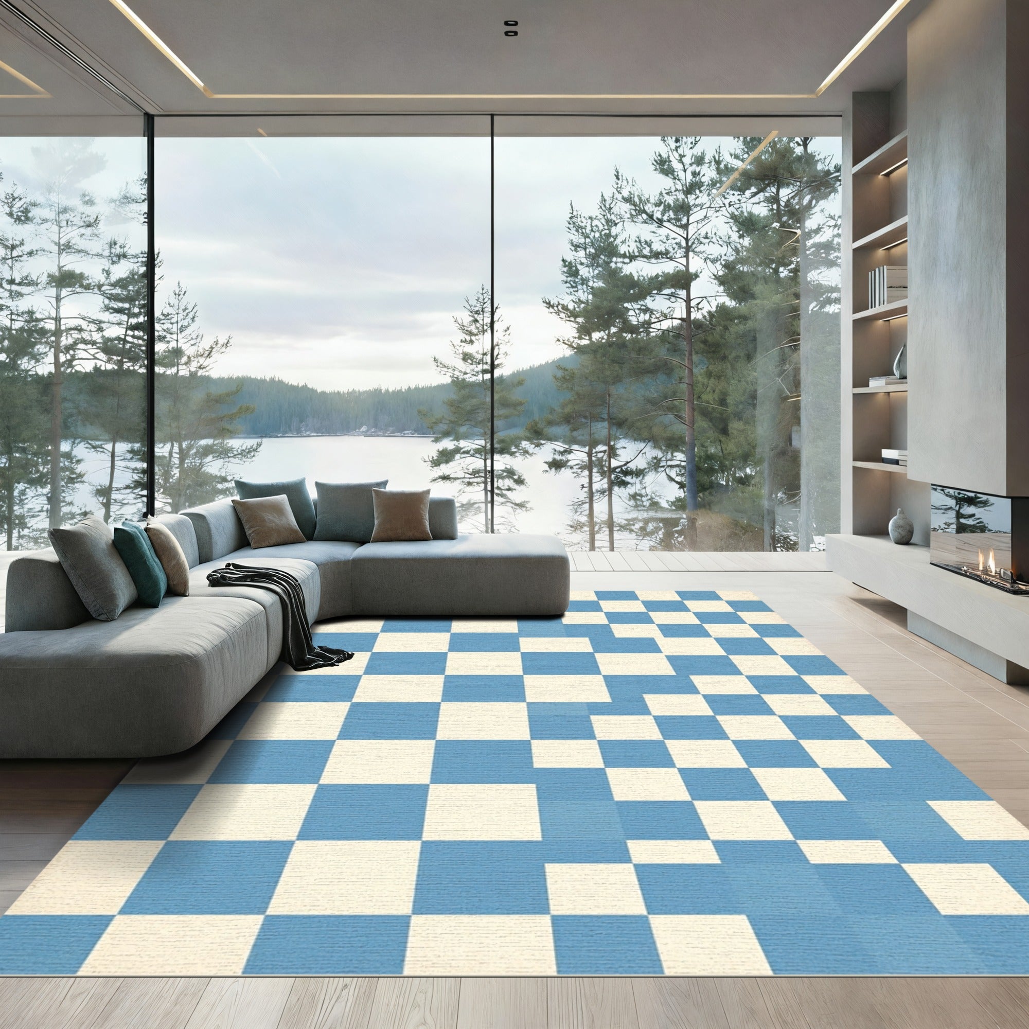 Modern Blue White Abstract Grid Rug
