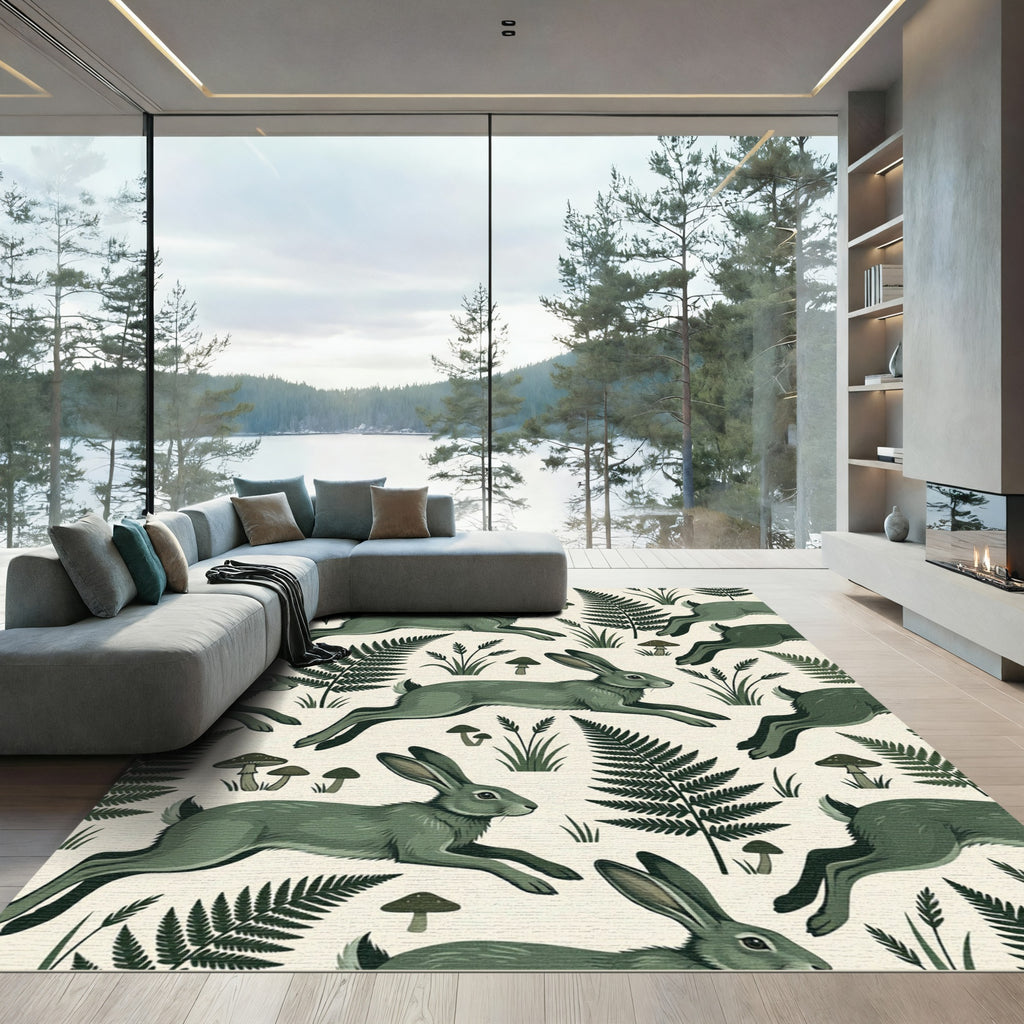 Sage Green Leaping Hare Fern Forest Rug