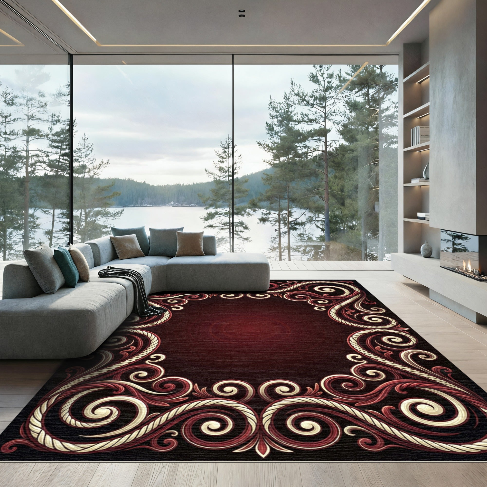Elegant Crimson Swirl Rope Border Rug