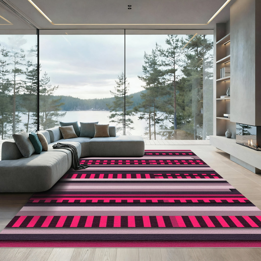 Geometric Pink And Gray Stripes Rug