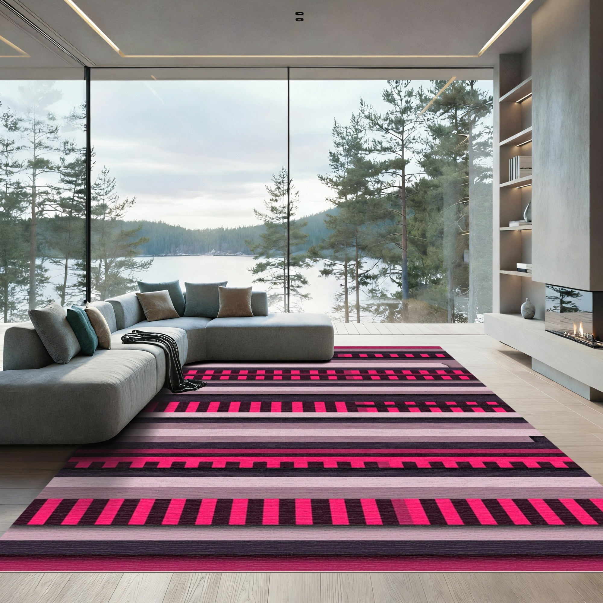Geometric Pink And Gray Stripes Rug