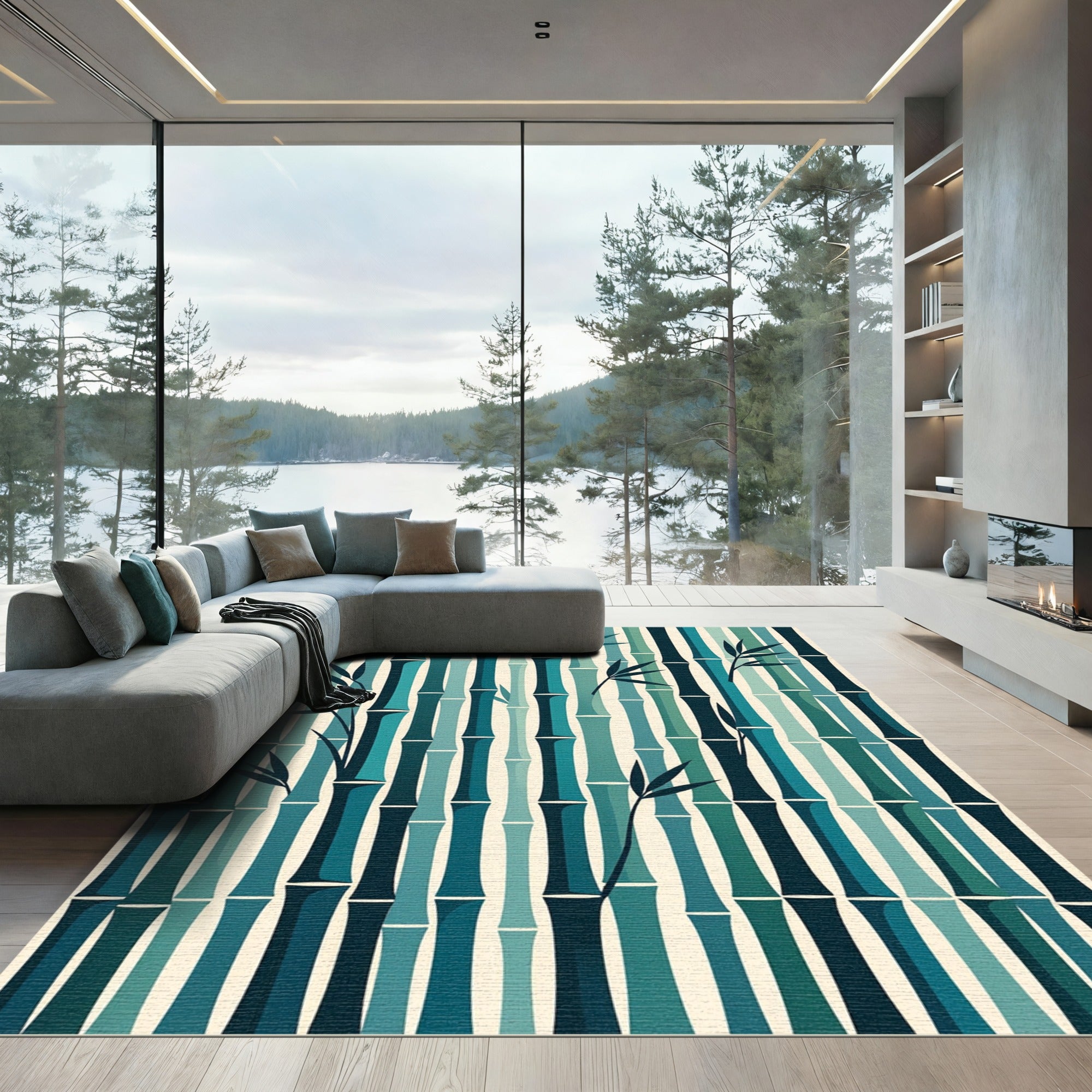 Teal Blues Vertical Bamboo Forest Rug