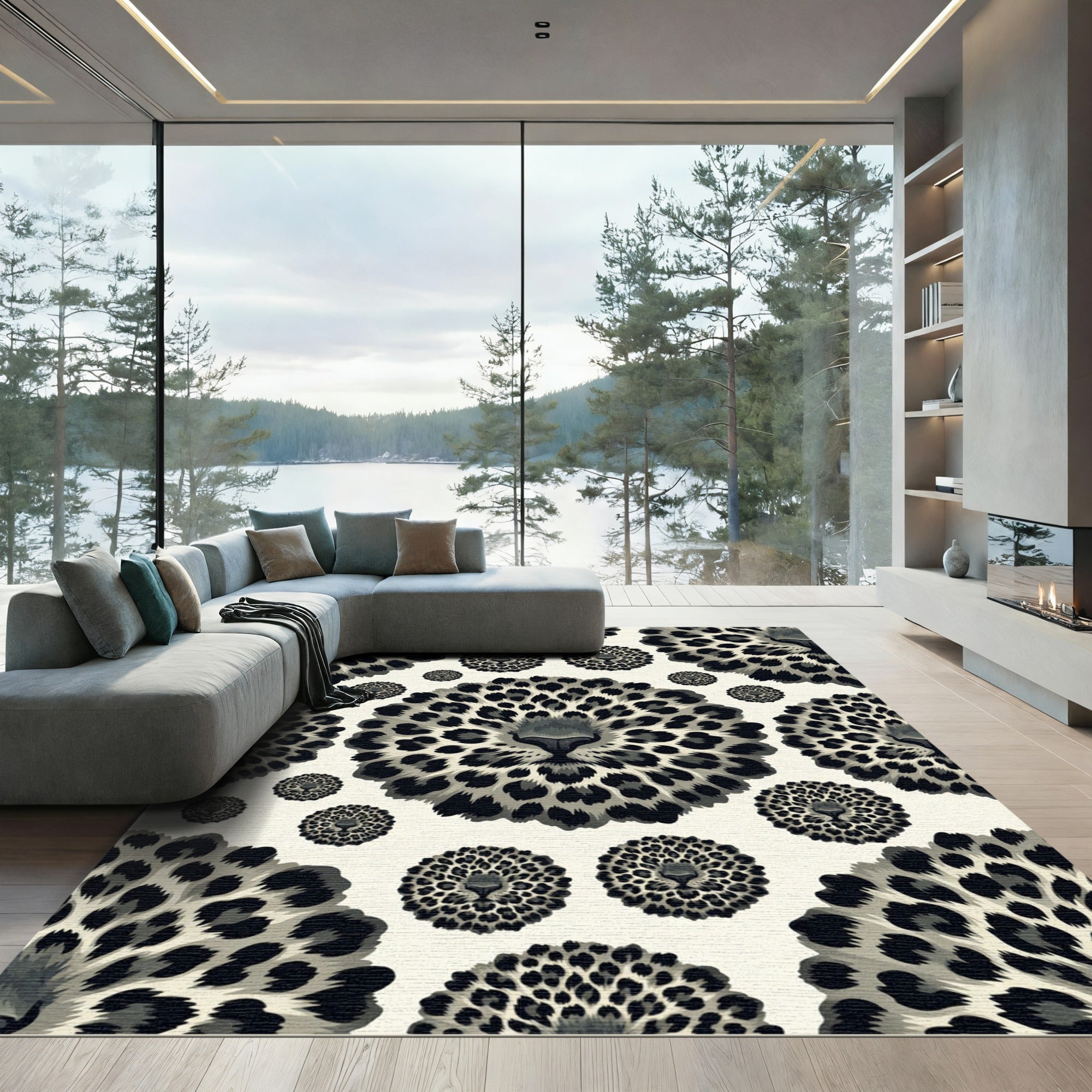 Monochrome Leopard Focal Point Circular Rug