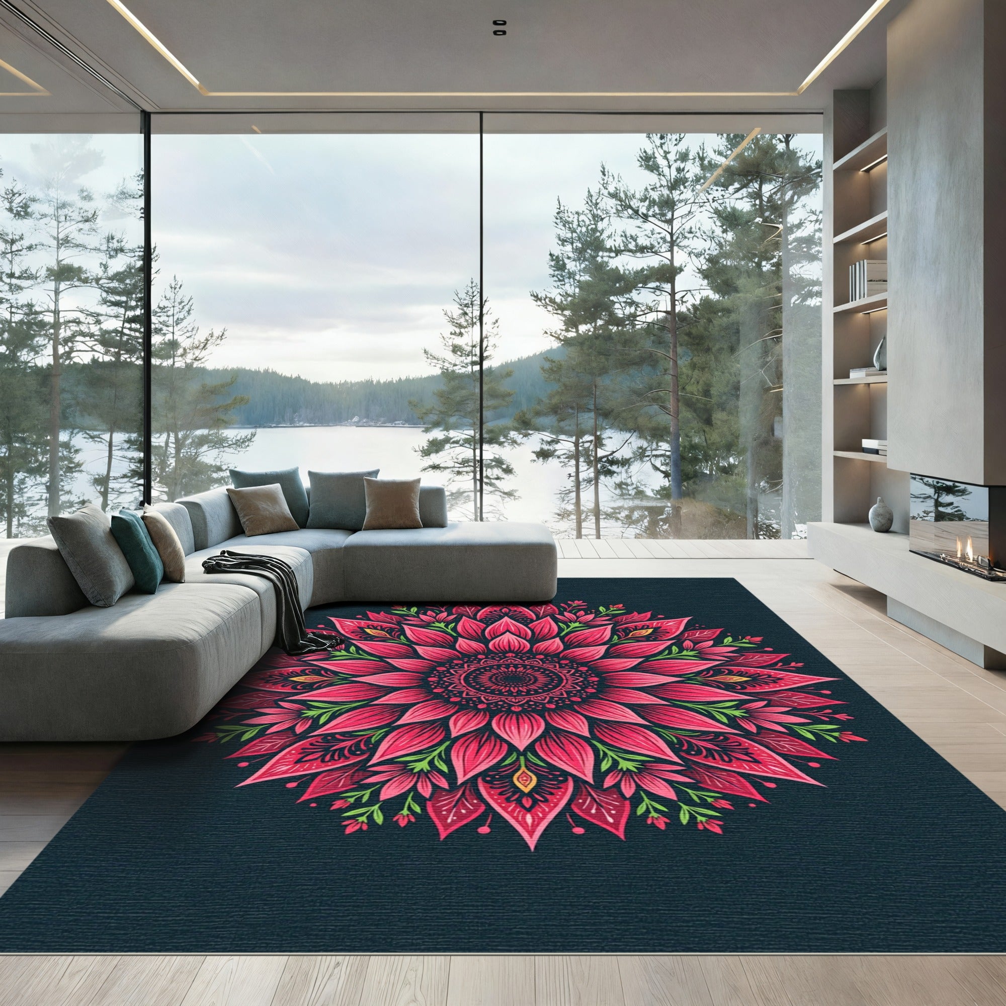 Vibrant Pink Mandala Floral Emblem Rug