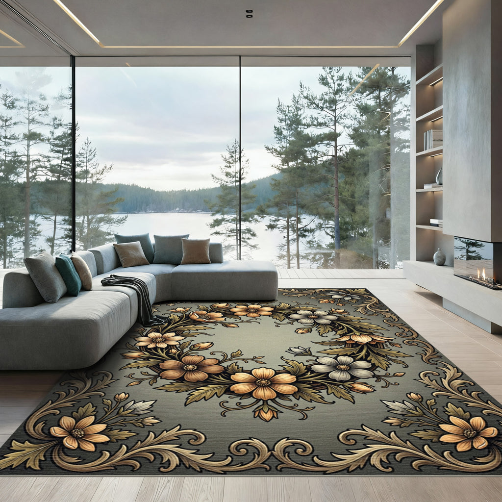Elegant Floral Wreath in Golden Hues Rug
