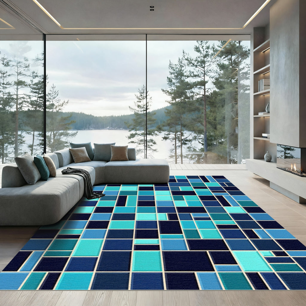 Geometric Aqua and Navy Mosaic Tile Rug
