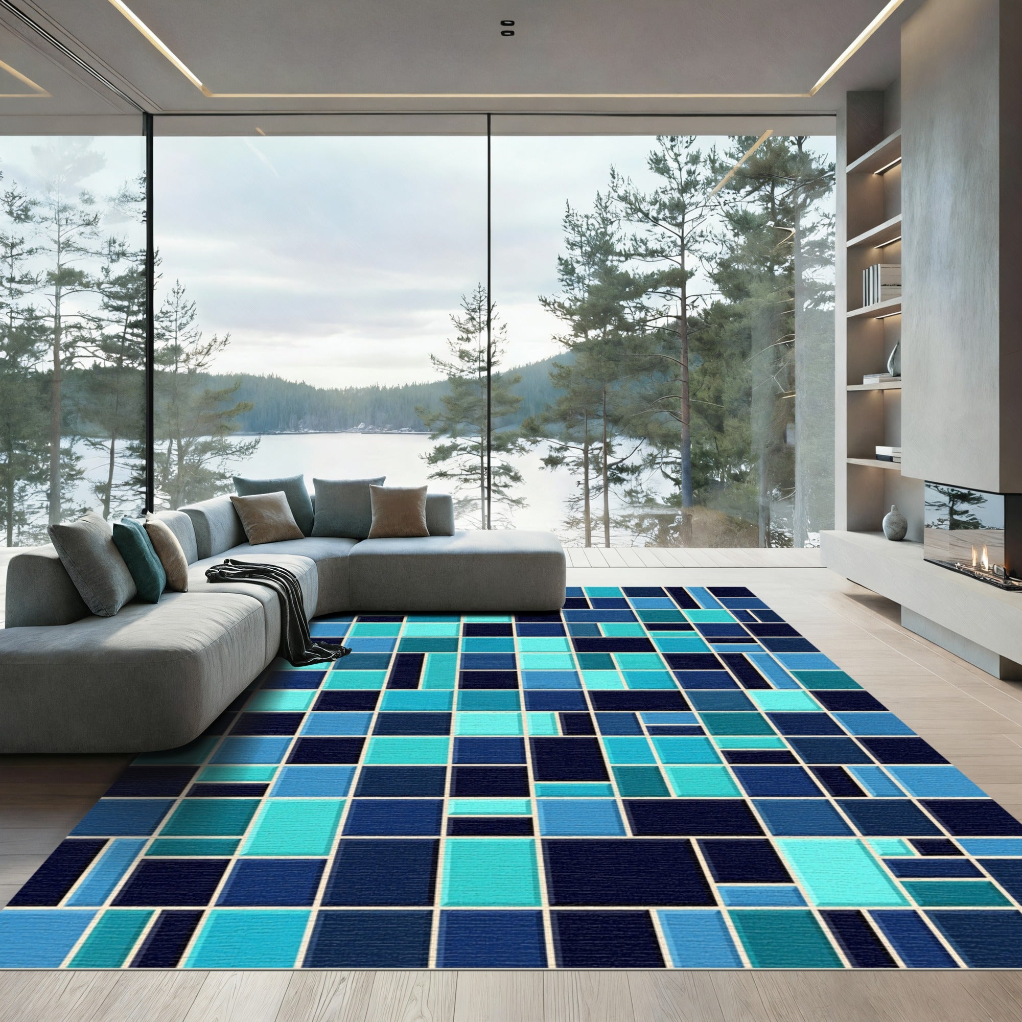 Geometric Aqua and Navy Mosaic Tile Rug