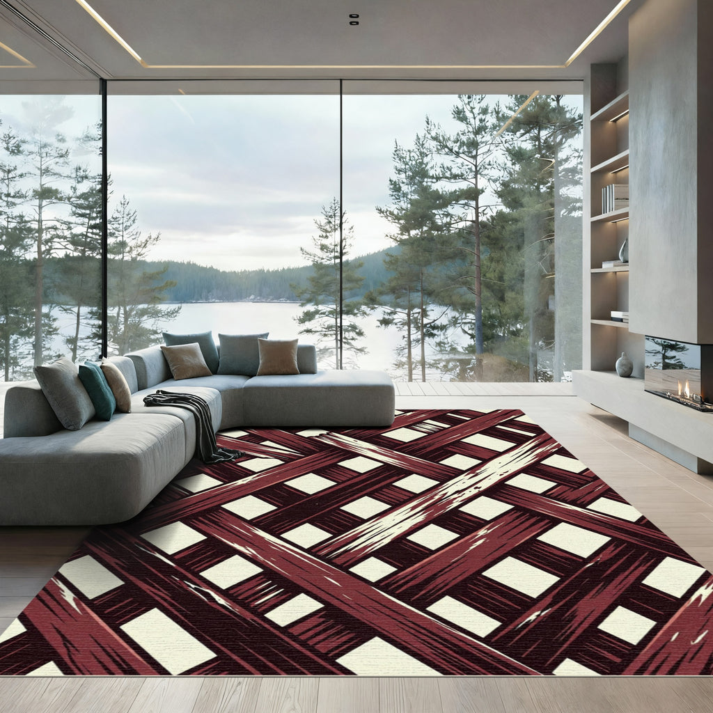 Dark Crimson Woven Lattice Grid Rug