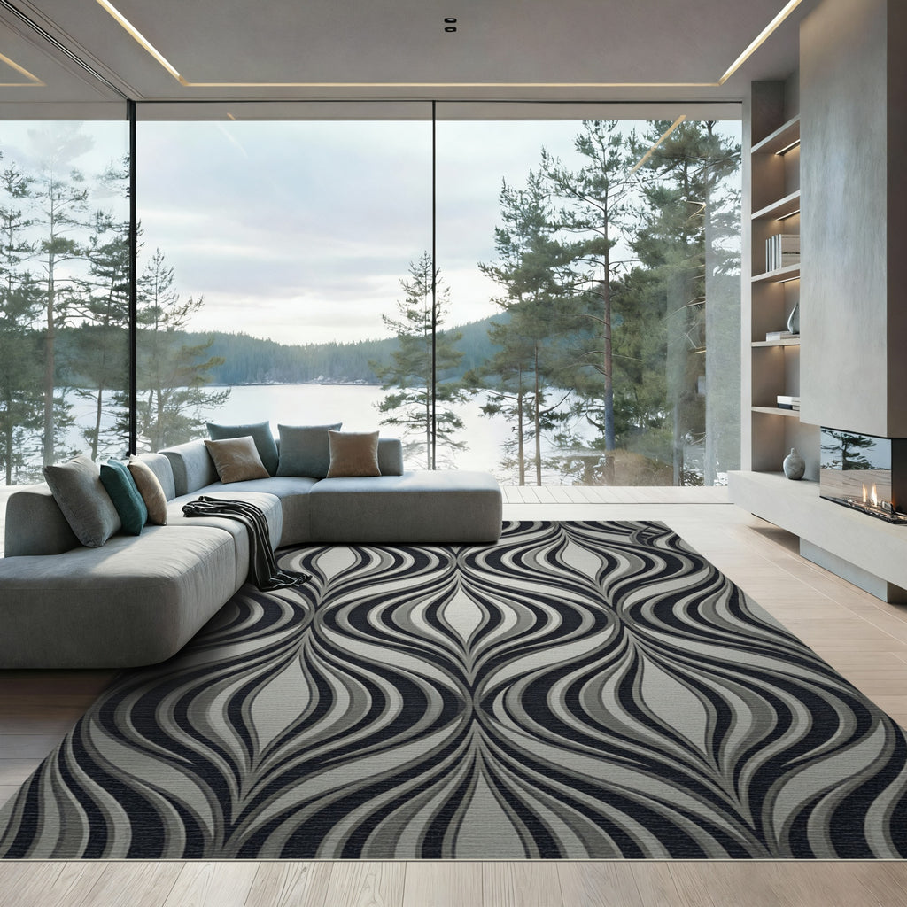 Monochromatic Gray Wavy Abstract Curvilinear Rug