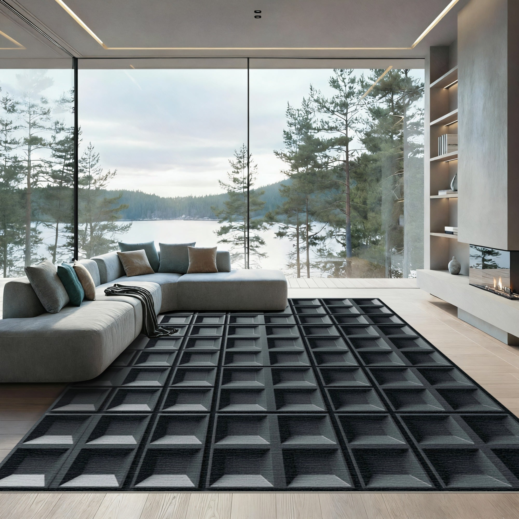 Minimalist Charcoal Square Grid Texture Rug