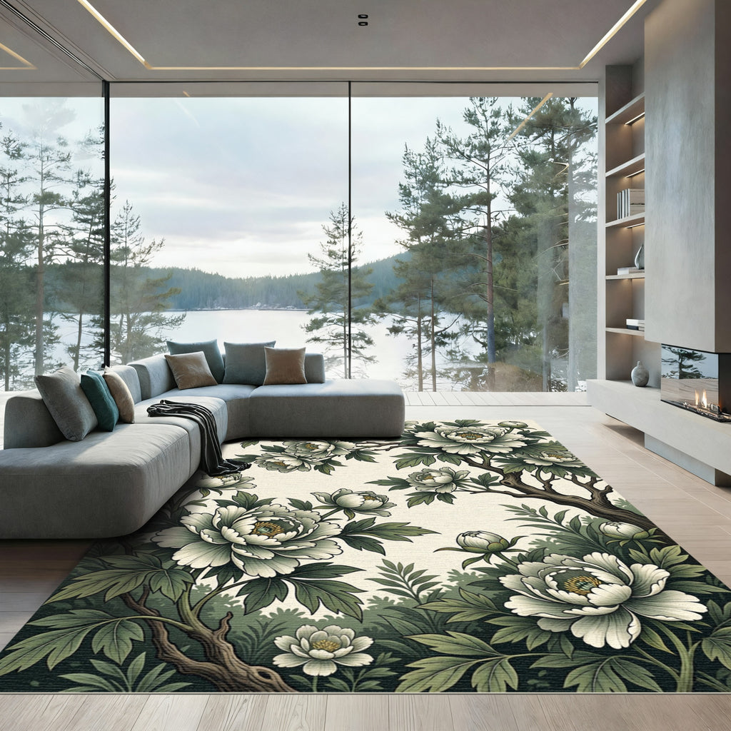 Elegant White Peony Botanical Garden Rug
