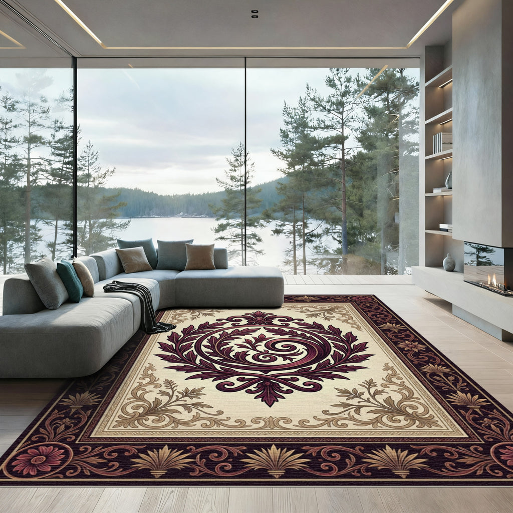 Elegant Burgundy Acanthus Curio Bordered Frame Rug