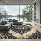 Ornate Dark Blue Golden Floral Medallion Rug