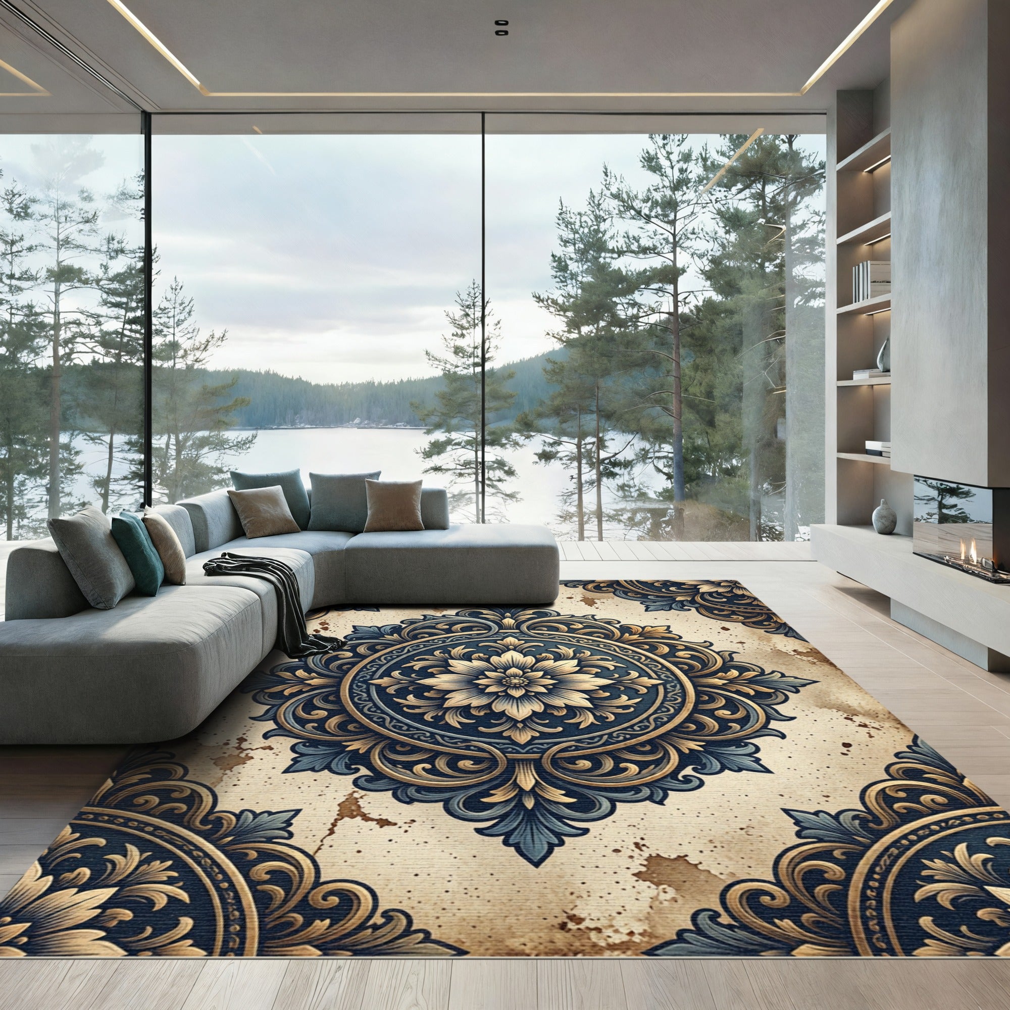 Ornate Dark Blue Golden Floral Medallion Rug