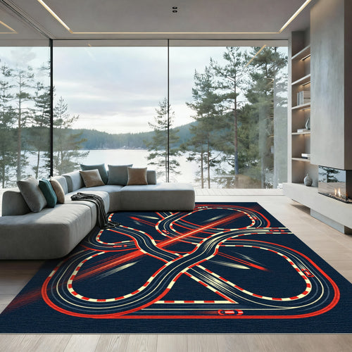 Abstract Red and Navy Racing Track Rug