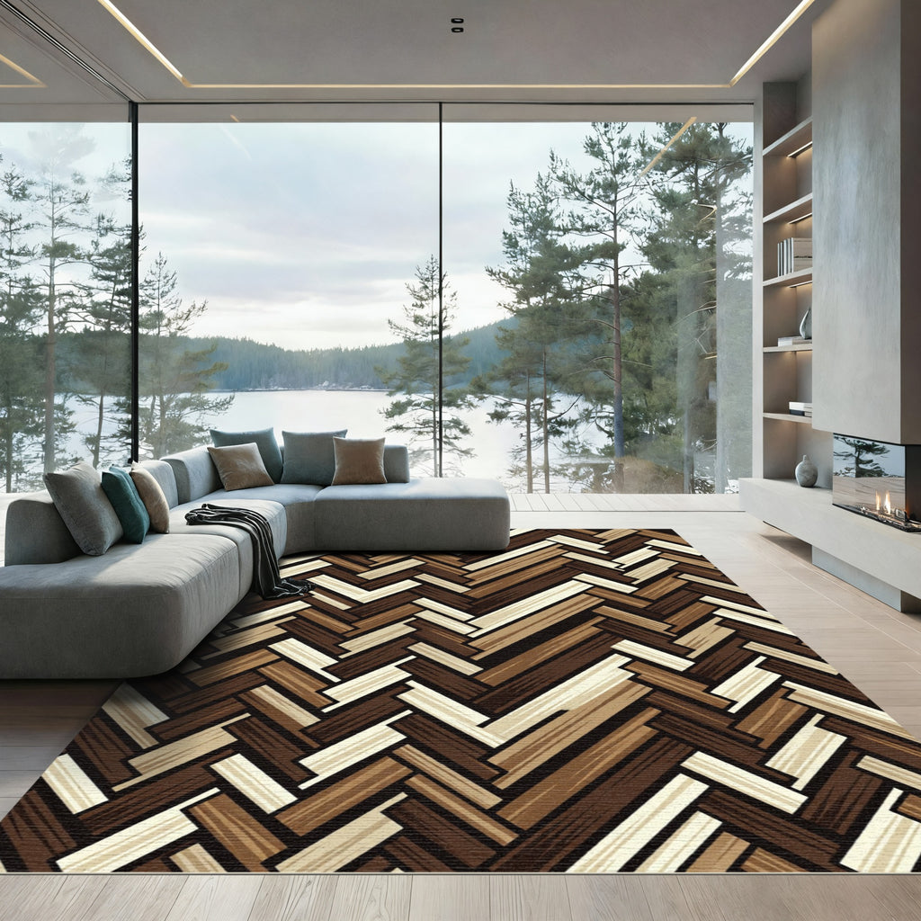 Rustic Brown Wood Herringbone Rug