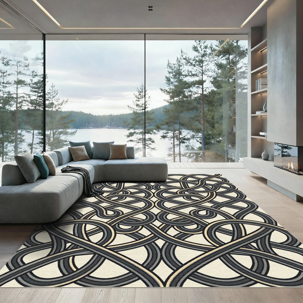 Monochrome Interlocking Abstract Linear Curve Rug