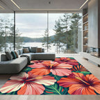 Vibrant Coral Hibiscus Tropical Foliage Rug