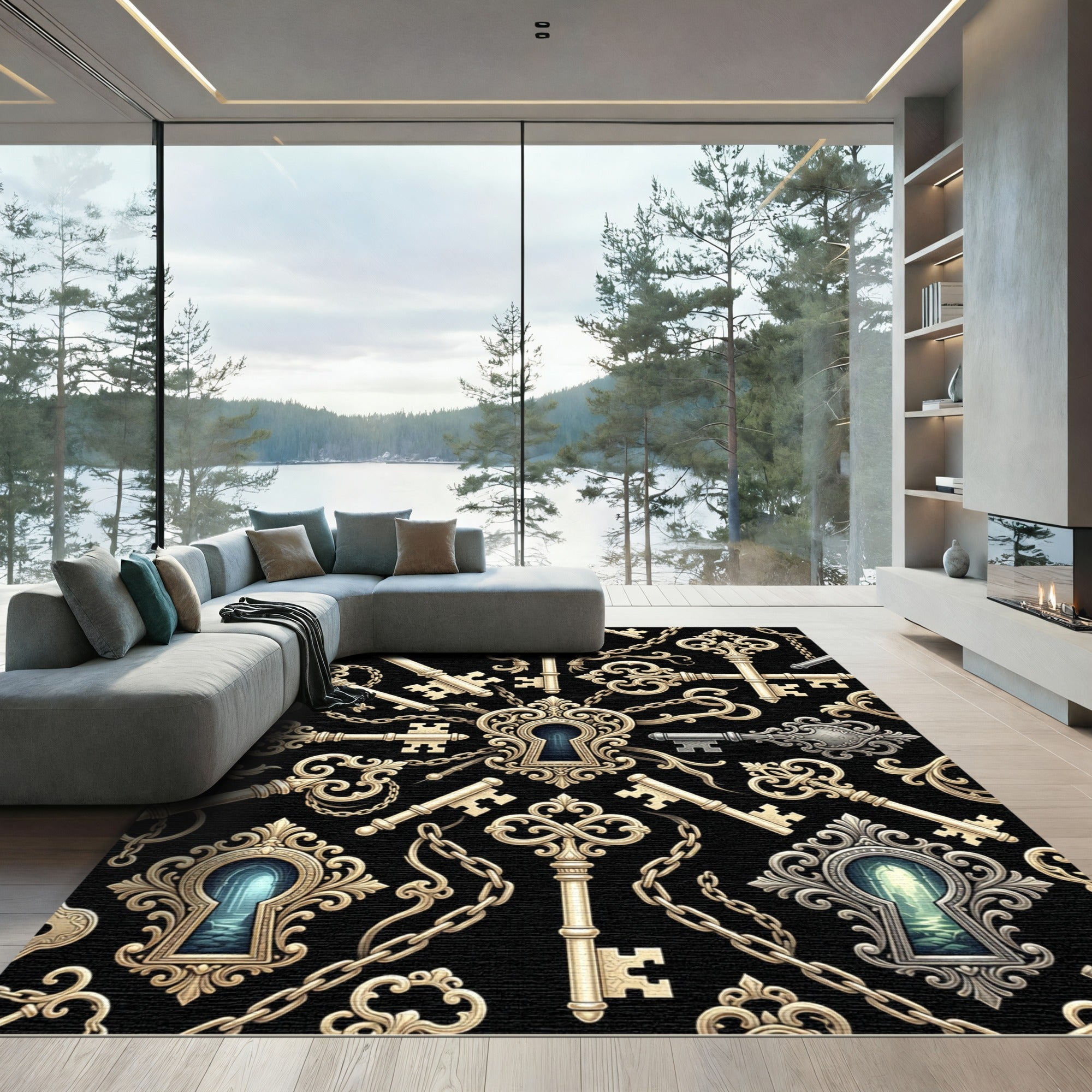 Ornate Golden Skeleton Key Black Backdrop Rug