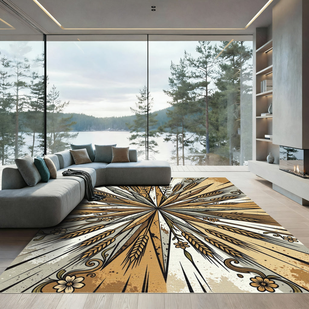Earthy Wheat Floral Burst Rug