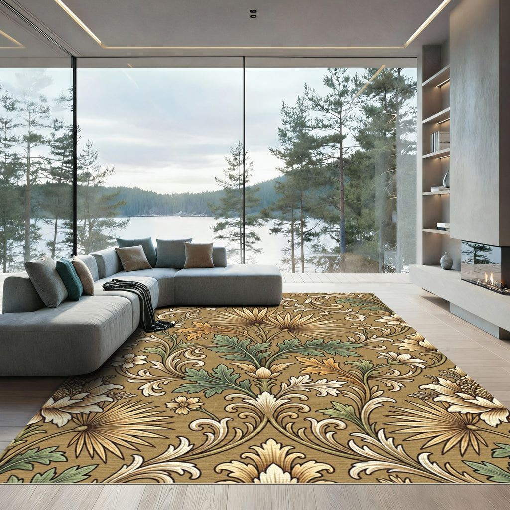 Earthy Gold Floral Swirls Rug