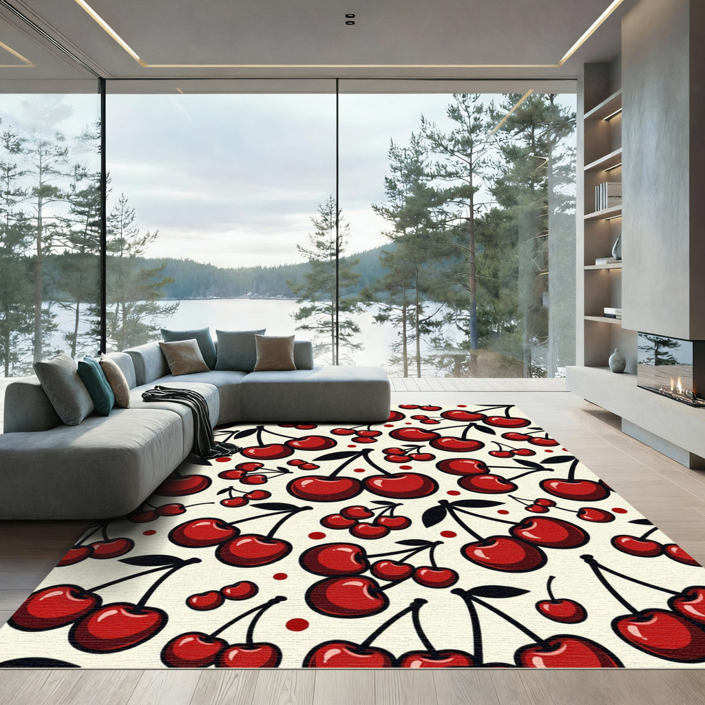 Playful Retro Cherry Red Berry Illustration Rug