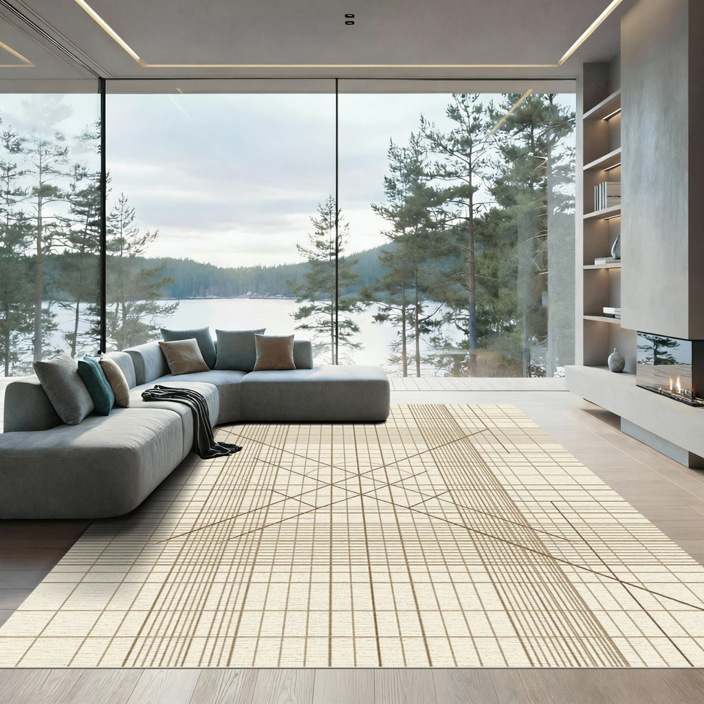 Minimalist Beige Linear Geometric Grid Rug