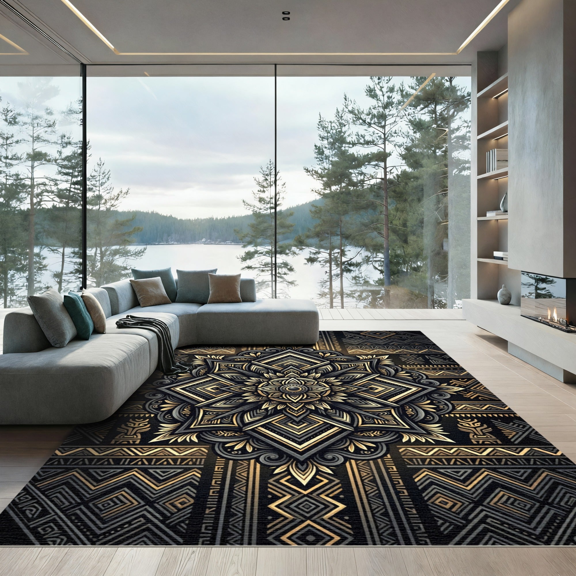 Golden Geometric Mandala Opulent Ink Rug