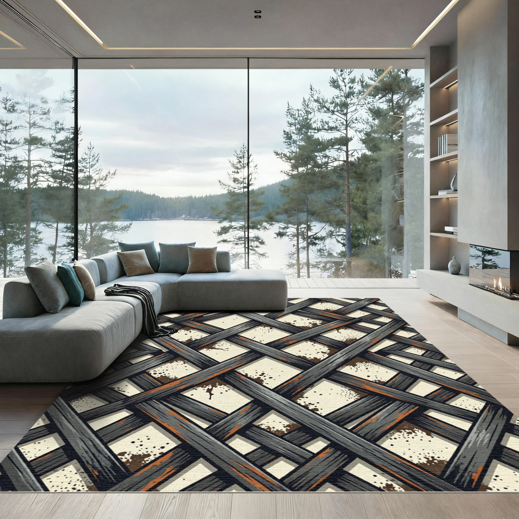 Industrial Graphite Grid with Rust Accents Rug