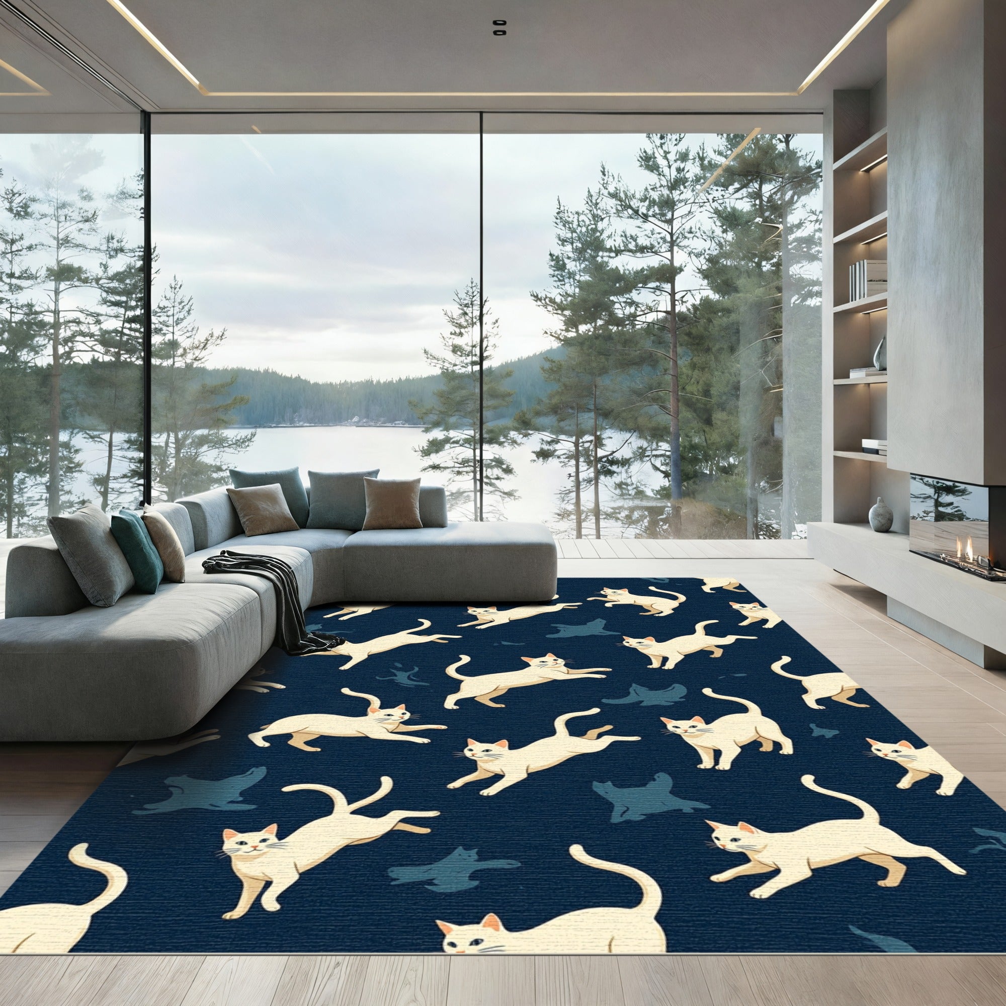 Cream Cats Playful Navy Ensemble Rug