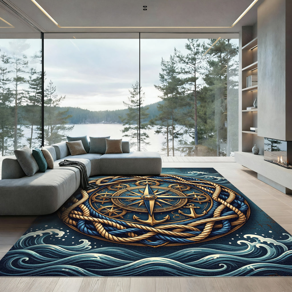 Nautical Compass Anchor Braided Rope Art Rug