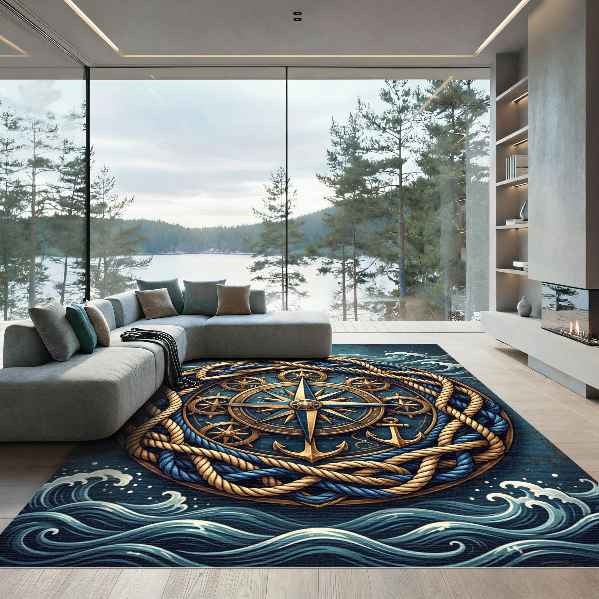 Nautical Compass Anchor Braided Rope Art Rug
