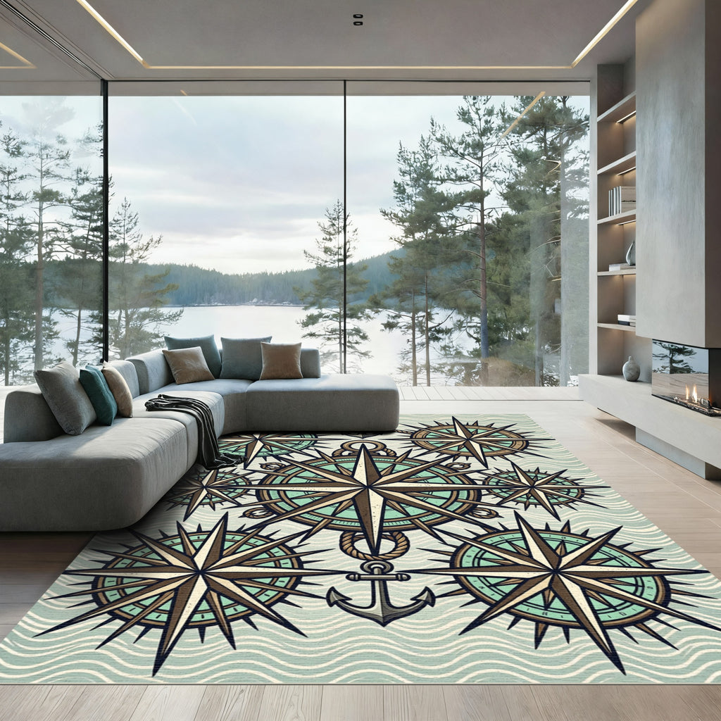 Nautical Compass Star Antique Wave Rug