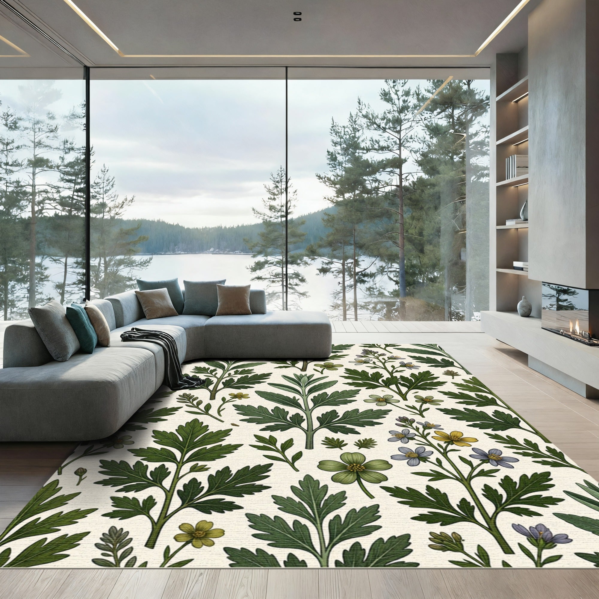 Earthy Green Botanical Meadow Foliage Rug