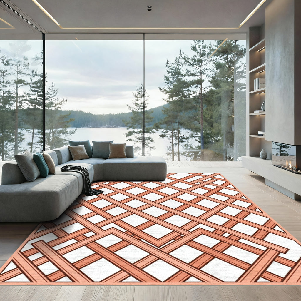 Geometric Terracotta Lattice Grid Rug