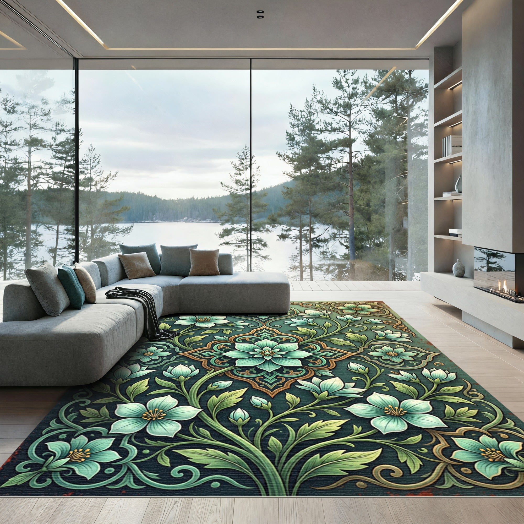 Elegant Teal Floral Vine Medallion Rug